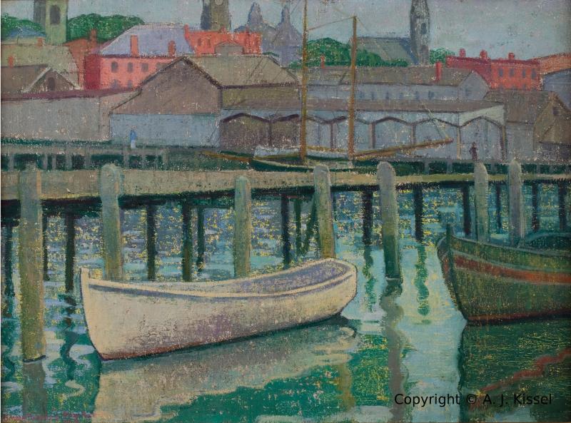 original oil painting of white boat in harbor